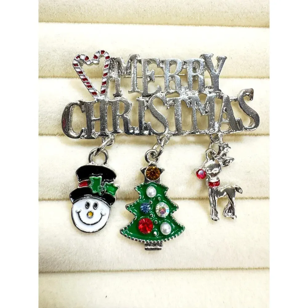 Merry Christmas Pin Brooch Snowman Tree Reindeer Charms Holiday Brooch 2